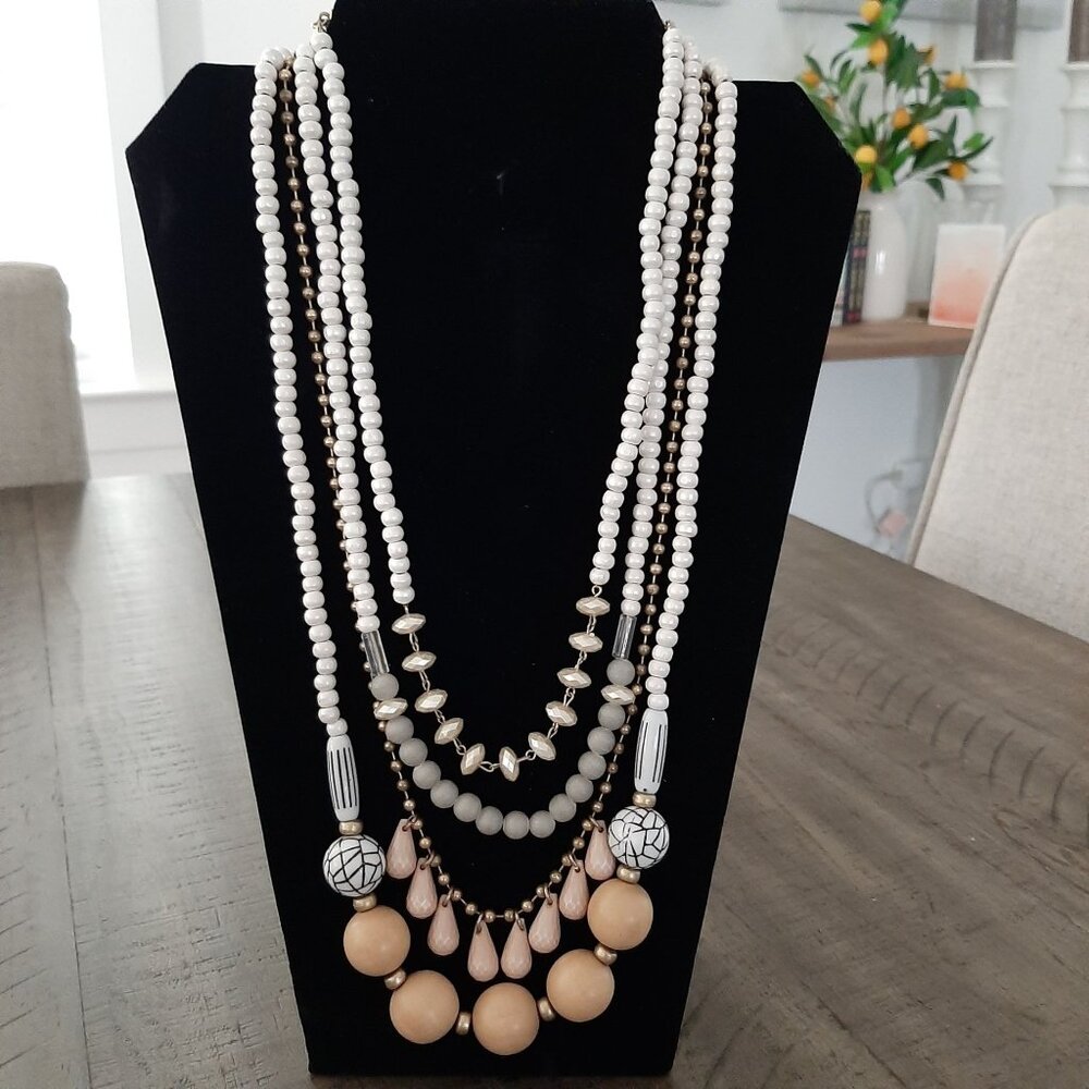 Layered Multi-Strand Beaded Necklace Gold White Silver Geometric beads Chunky
